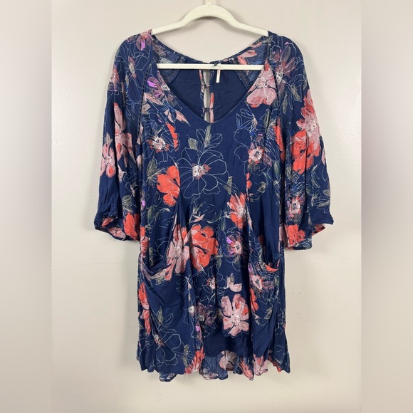 Free People Womens Indie Boho Navy Fairy Floral Trapeze 2 Dress Romantic Grunge - Picture 12 of 17